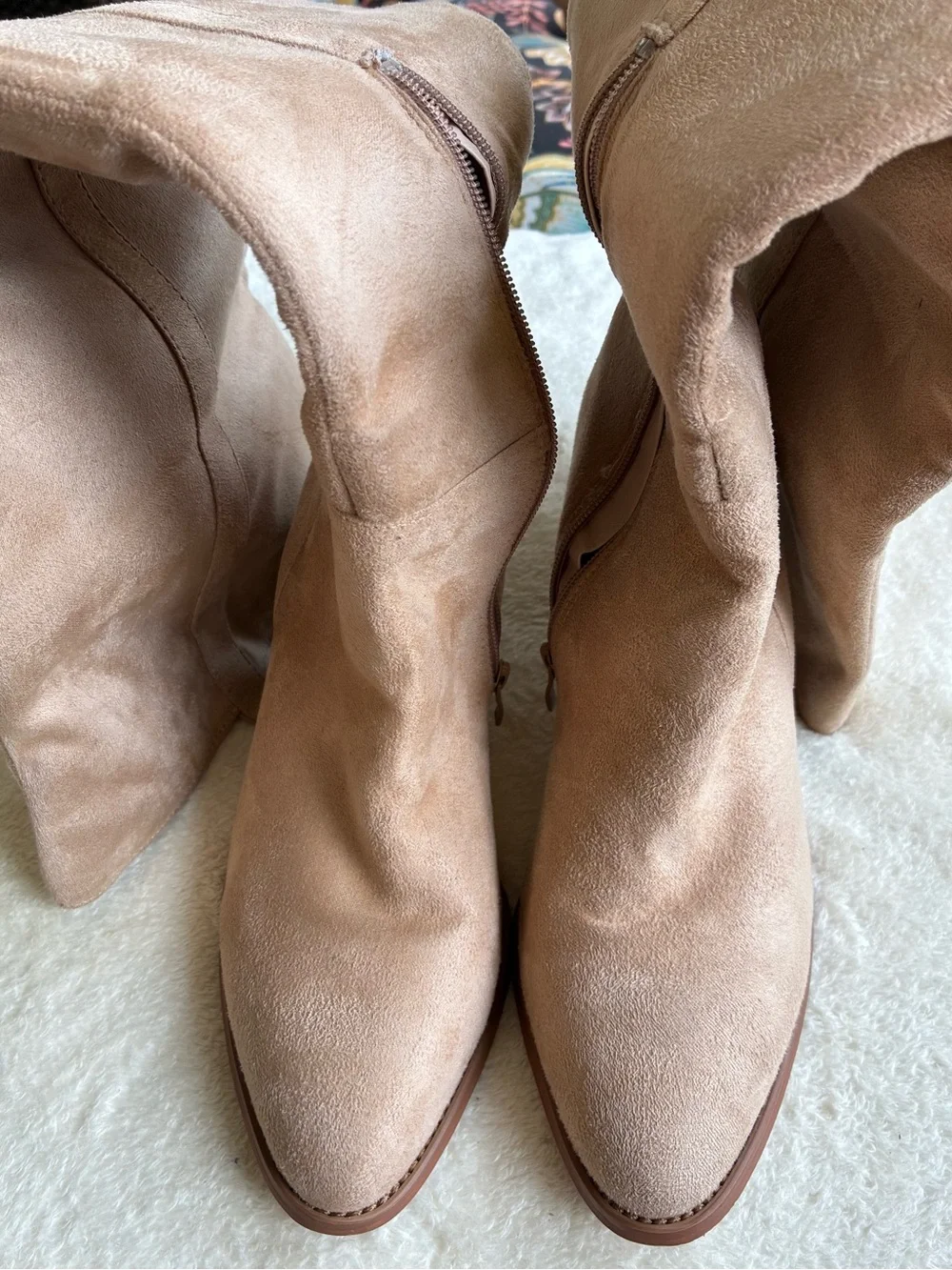 Seraih Beige Women’s Thigh High Boots Faux Suede Side Zipper Block Heel Size 10